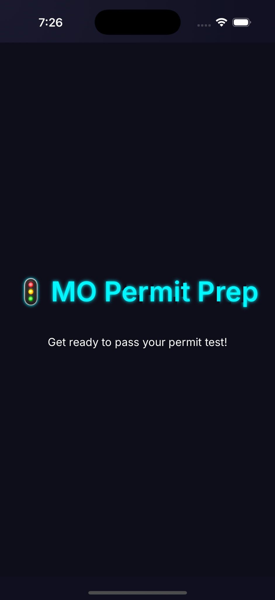MO Permit Prep welcome screen with app name and tagline