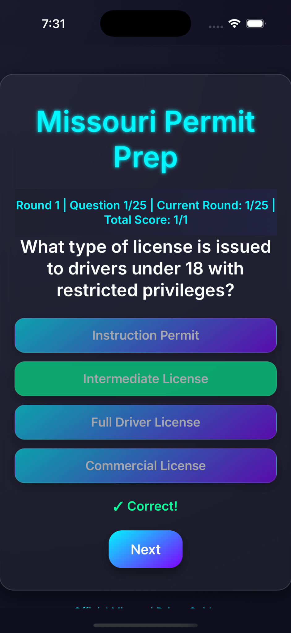 MO Permit Prep quiz question screen with multiple choice answers
