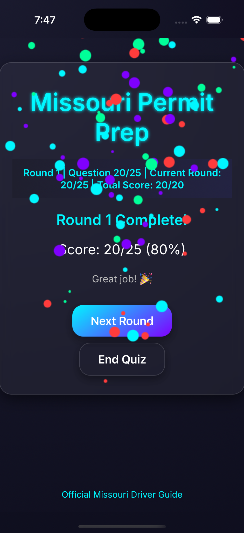 MO Permit Prep round complete screen with score and confetti